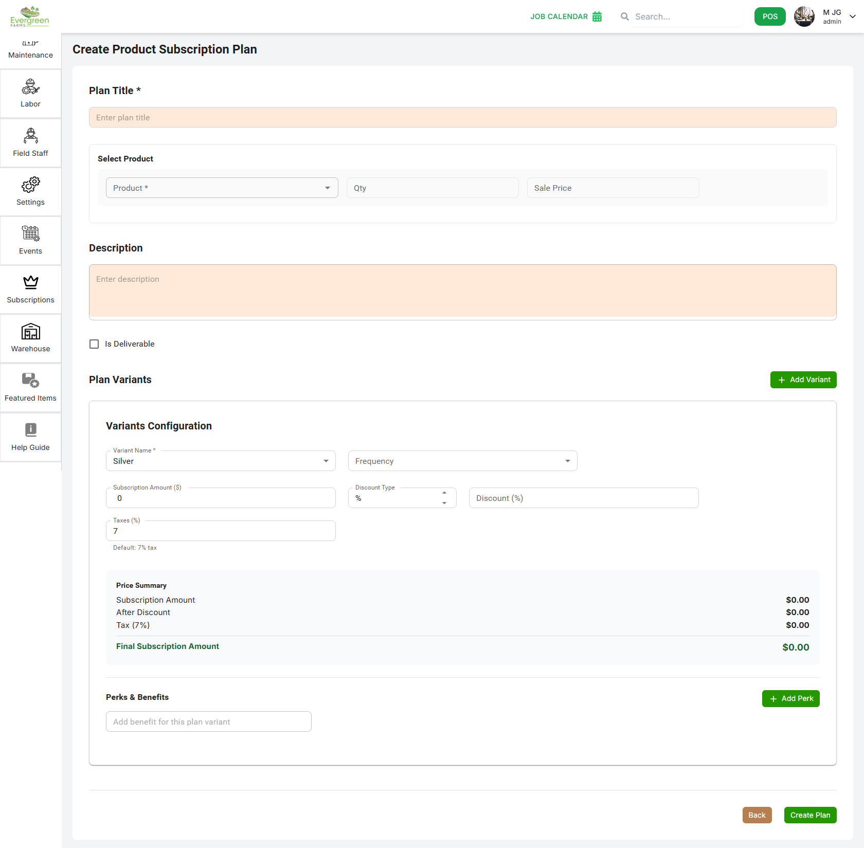 Create New Subscription Plan