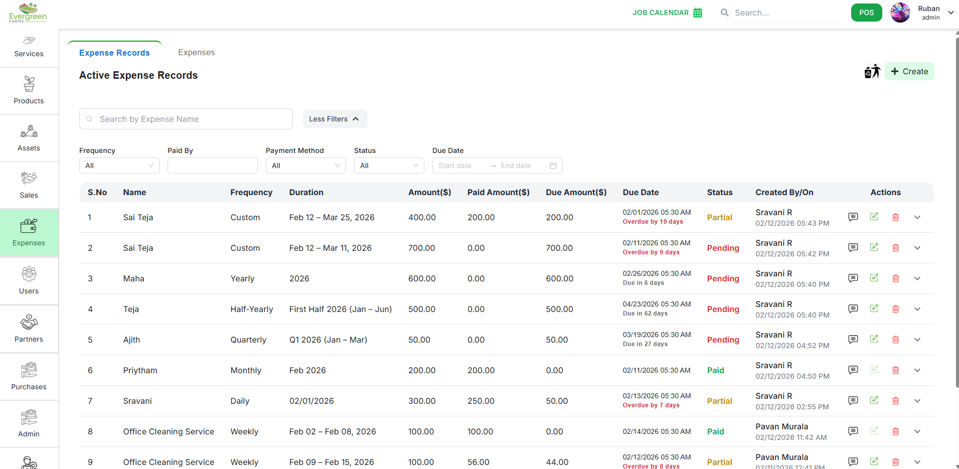Expense List page